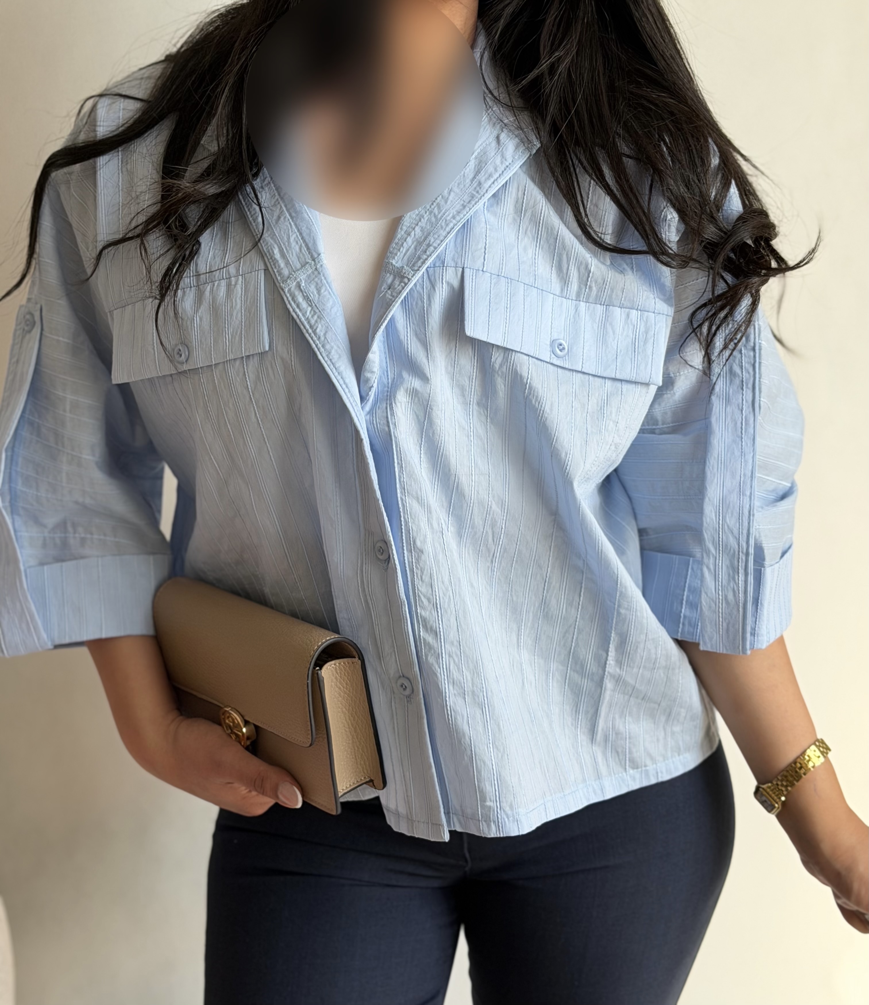 شومیز بهاری  دو جیب آبی روشن
